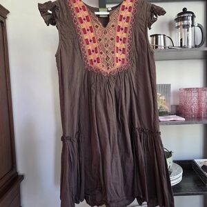Urban Nomad Small Brown Dress with Pink Embroidery Ruffled Lined